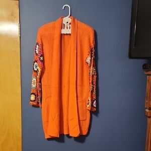 Bright Orange Cardigan with Floral Crochet Sleeves